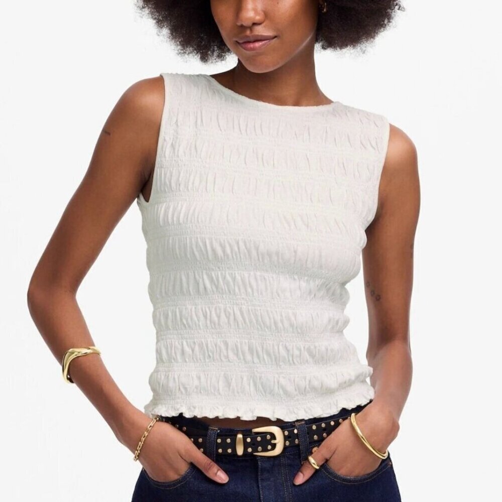 NWT Madewell White Sachi Smocked Cotton Linen Blend Boatneck Tank - Extra Small